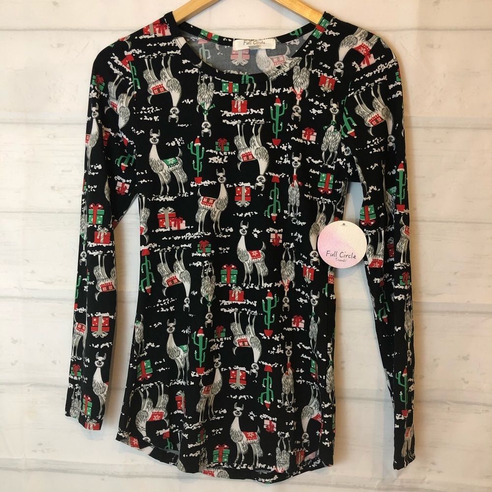 Novelty Full circle festive Christmas Llama cacti presents long sleeve shirt